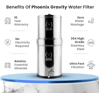 PHOENIX GRAVITY 8-Litre Stainless Steel Gravity Water Filter NSF Certified AISI 304 Countertop Water Filter System with 2 Smart (Black) Carbon Cartridges, Free Water Tap, No Power Or Plumbing Required