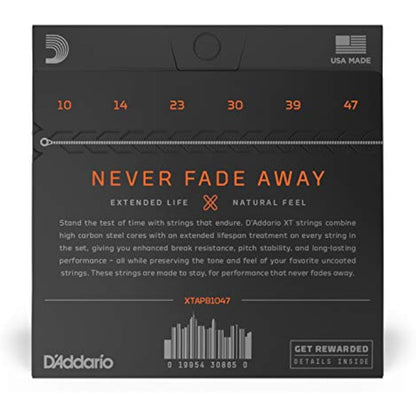 D'Addario Acoustic Guitar Strings, XT Phosphor Bronze Coated, XTAPB1047, Extra Light Gauge 10-47, 6-String Set, Pack of 1