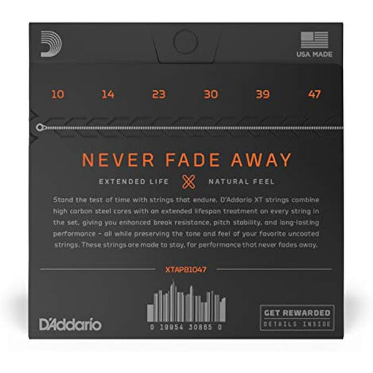 D'Addario Acoustic Guitar Strings, XT Phosphor Bronze Coated, XTAPB1047, Extra Light Gauge 10-47, 6-String Set, Pack of 1