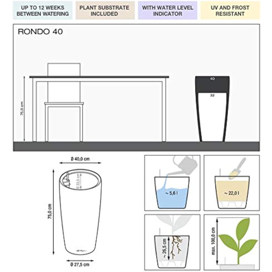 Lechuza RONDO 32 Self Watering Planter Large Plastic Indoor and Outdoor Plant Pot with Drainage Hole D40 H75 cm Black High-Gloss