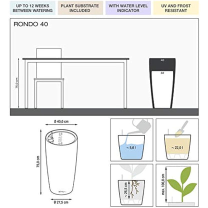 Lechuza RONDO 32 Self Watering Planter Large Plastic Indoor and Outdoor Plant Pot with Drainage Hole D40 H75 cm Charcoal Metallic