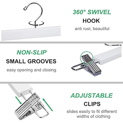 Amber Home 36cm White Wooden Pants Hangers 20pcs, Smooth Wood Skirt Hanger Organizer with Adjustable Anti-Slip Chrome Clips, Space Saving Solid Clothes Hangers Rack for Bottoms Jeans Slacks Trousers