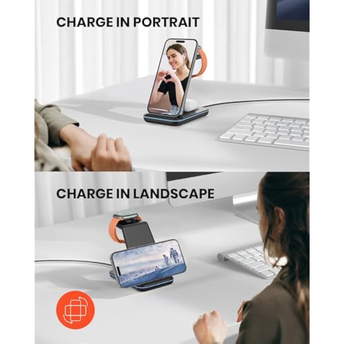 GEEKERA Wireless Charger Stand, 3 in 1 Wireless Charging Station for iPhone 16/15/14/13/12/11/Pro Max/XS/XR/X/8, Fast Charging Stand for Apple Watch 2-Ultra, Docking Station for AirPod 4/Pro/3/2-Black