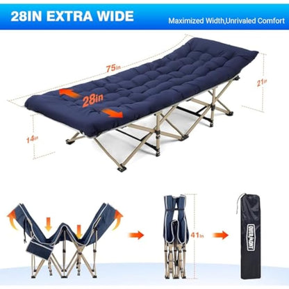 OVERMONT Oversized Folding Camping Bed for Adults,75 * 28" Extra Wide,2400D Oxford fabric,550lbs Load Capacity,Heavy Duty Sleeping Beds with Carry Bag, Portable Travel Camp Beds