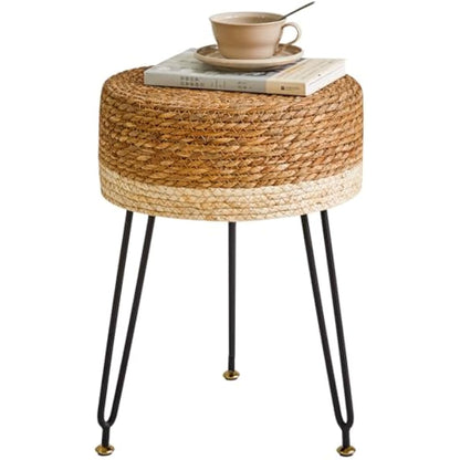 YMYNY Footstool Natural Seagrass Hand Weave, Vanity Makeup Stool, Pastoral Style Footrest, Padded Foot Rest with Metal Legs, Foot Rest Sofa Stool, for Living Room, 32×32×45CM Natural&White HBD029W