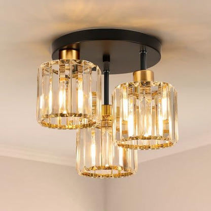 FORCOSO Ceiling Light 3 Lights, Black and Gold Light Shade Crystal Light Fitting, Semi Flush Modern Chandelier Lampshade, E27 Lighting Fixture for Living Room Bedroom Hallway Kitchen Dining Room
