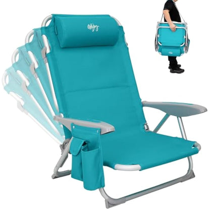 #WEJOY 4-Position Folding Beach Chair - Lightweight Aluminum Camping Chair for Adults, High Back Recliner with Pillow & Storage Pocket, Portable