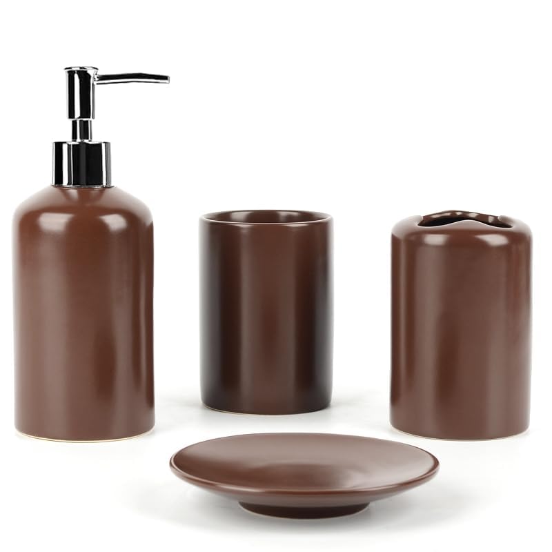 WPM 4 Piece Ceramic Bathroom Accessories Set - Zebra Print - Our Complete Bath Decor Kit Includes Designer Soap or Lotion Dispenser