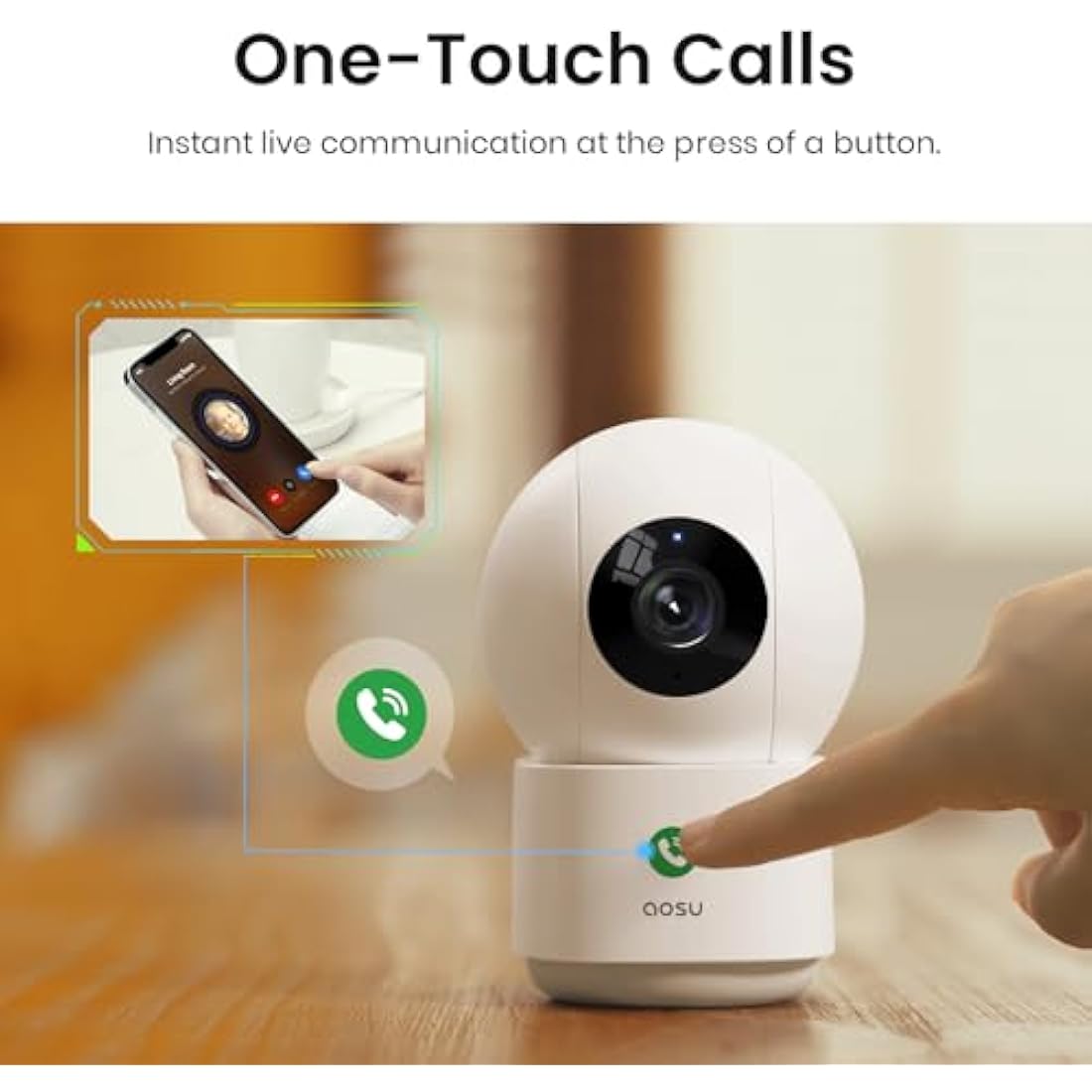 AOSU 2K WiFi Camera Indoor - Nanny Cam for Baby Room & Home, Plug-in, App Control, Pet Dog Monitoring, Motion Tracking, 360°View, 24/7 Recording, One-Touch Call, Two Way Audio