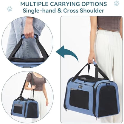 Petsfit Cat Carrier Large Up to 12KG, Cat Carrier for 2 Cats with Extendable Fleece Mat,Small Dog Travel Bag Carrier with Safety Leash for Puppy for Car Use, Blue，50 * 33 * 33CM