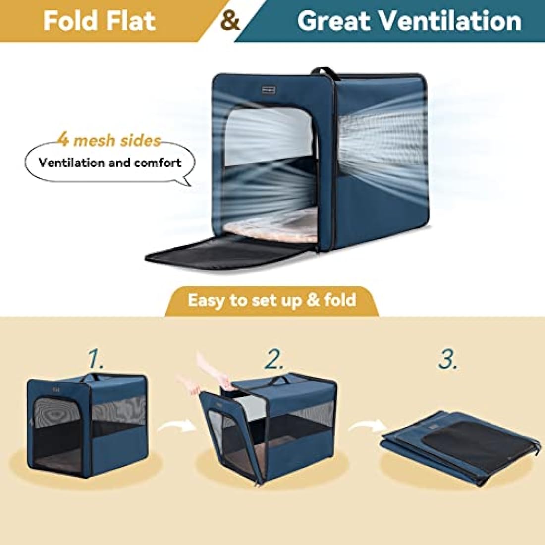 Petsfit Dog Travel Crate Lightweight Dog Crate,Portable Dog Crate,Foldable Fabric Extra Large Dog Crate with Fleece Mat, Blue
