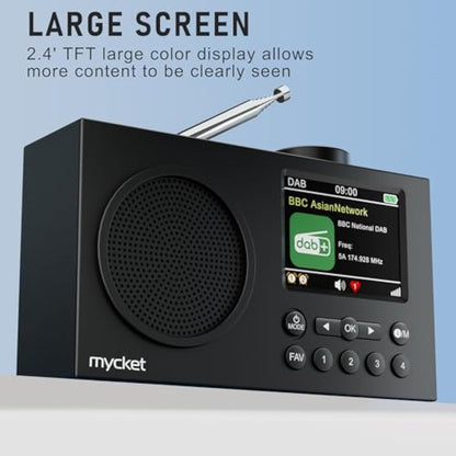 Mycket DAB Radio Portable, DAB Plus Digital Radios with Bluetooth, USB Rechargeable FM Radios, Battery Powered Small Radio,Dual Alarms Clock,Sleep Timer, 40 Presets Stations, 2.4" Large Colour Display