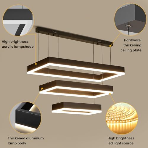 Mikeru Rectangular 3 Ring Pendant Light, 40+60+80CM Living Room Pendant Lights 3000K/4500K/6000K with Remote Control Minimalist Pendant Lamp 10%-100% Dimmable Black Chandelier for Restaurants