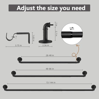 Black Curtain Poles for Eyelet Curtains, Industrial Curtain Pole Metal Extendable, Industrial Curtain Rod for Windows 67cm-122cm, Room Dividers Curtain Rail.