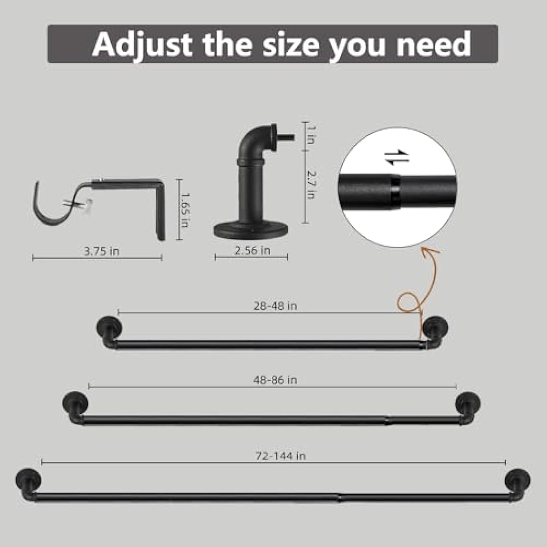 Black Curtain Poles for Eyelet Curtains, Industrial Curtain Pole Metal Extendable, Industrial Curtain Rod for Windows 135cm-365cm, Room Dividers Curtain Rail.