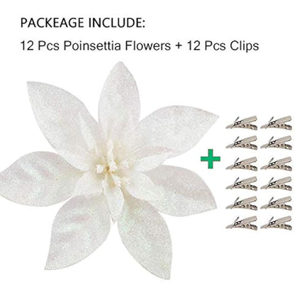 GL-Turelfies 12 Pcs Glitter Christmas Flowers(16cm/6.3’’) with 12 Pcs Clips Artificial Poinsettia Flower Christmas Tree Flower Decorations Xmas Tree Ornaments (White)