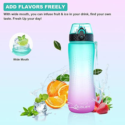 OLDLEY 750ml/25oz Water Bottles with Straw BPA Free Tritan Water Bottles for Gym School Sports Travel Leakproof Time Markings Durable Drink Bottles for Adult Kids Women Men(Green Purple, 1 Lid)