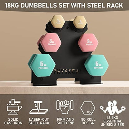 PhysKcal Dumbbells Set with Storage Rack, Hand Weights Set for Home, Gym & Studio
