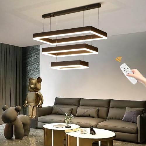 Mikeru Rectangular 3 Ring Pendant Light, 40+60+80CM Living Room Pendant Lights 3000K/4500K/6000K with Remote Control Minimalist Pendant Lamp 10%-100% Dimmable Black Chandelier for Restaurants