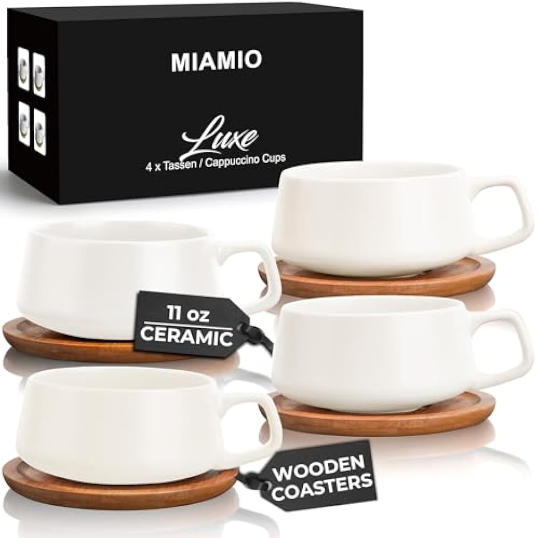 MIAMIO – 320 ml, Set of 4 Ceramic Tea Cup and Saucer Bamboo/Tea Mug - Wide Cappuccino Cup, Coffee Cups Ceramic Mug for Cappuccino, Latte, Espresso & Americano - Luxe Collection (White)