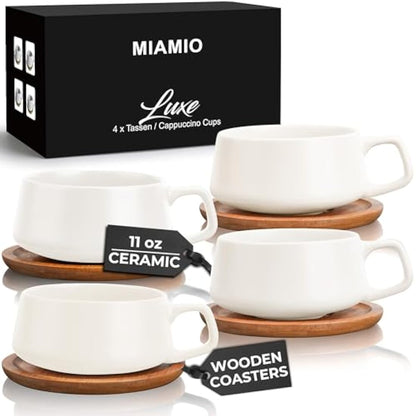 MIAMIO – 320 ml, Set of 4 Ceramic Tea Cup and Saucer Bamboo/Tea Mug - Wide Cappuccino Cup, Coffee Cups Ceramic Mug for Cappuccino, Latte, Espresso & Americano - Luxe Collection (White)