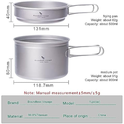 iBasingo Titanium Pot Pan Set Camping Cookware Ultralight Outdoor Backpacking Cooking Set with Folding Handle