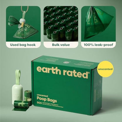 Earth Rated Dog Poo Bag Holder with Dog Poo Bags Rolls, Durable and Guaranteed Leakproof, Unscented, 1 Dispenser and 900 Bags