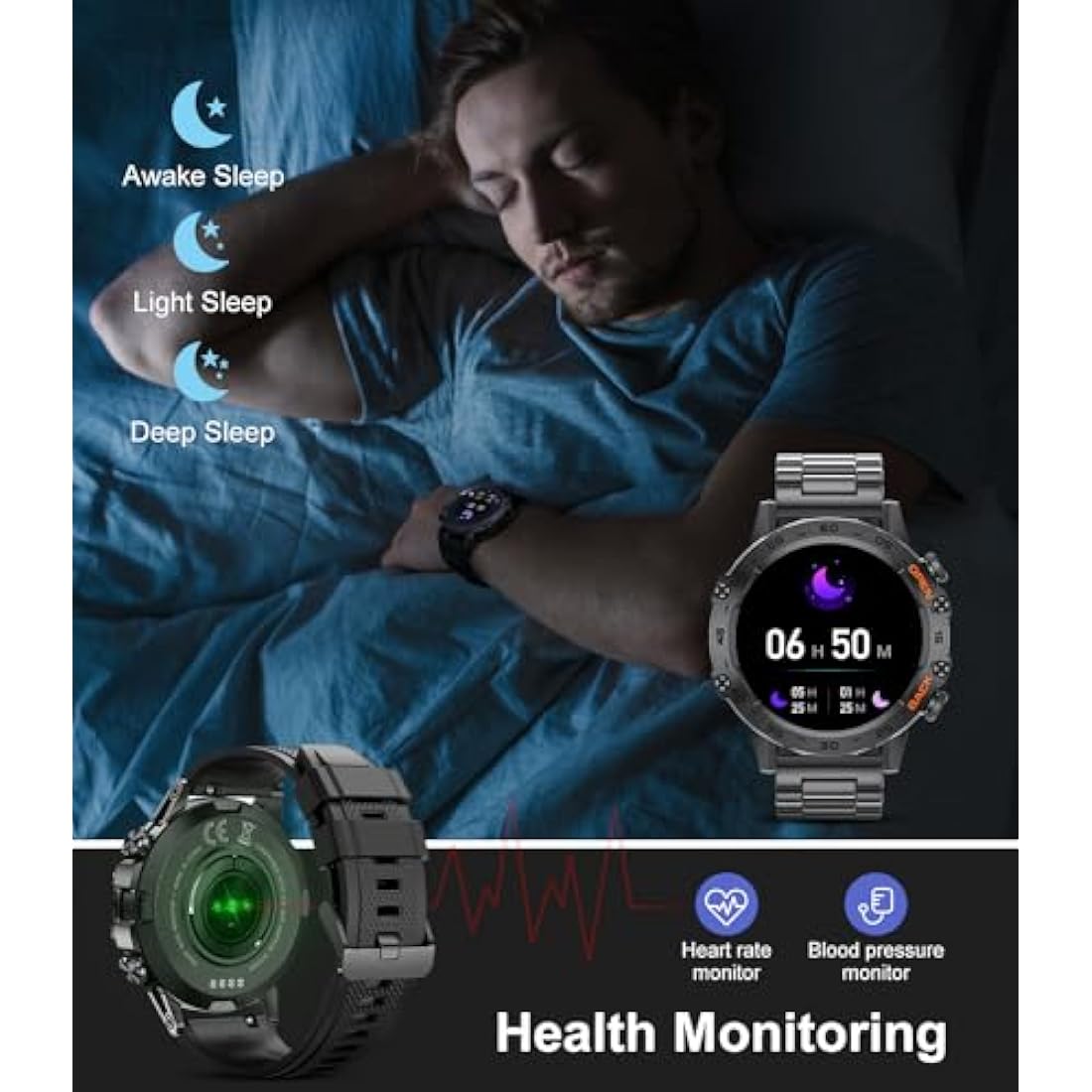 FEELNEVER Smart Watch for Men with Wireless Call Function, Military Smartwatch with Heart Rate SpO2 Blood Pressure Sleep Monitor, IP67 Waterproof Tactical Fitness Watch for Android iPhone Phone, Black