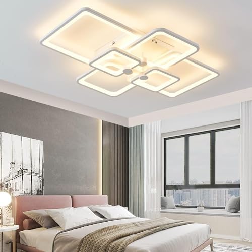 HIHIHOMY Modern LED Ceiling Light Dimmable with Remote Control 6-Ring Living Room Geometric Design 78 W 6630 LM, White for Bedroom, Kitchen, 3000-6500 K Lamp [Energy Class F]