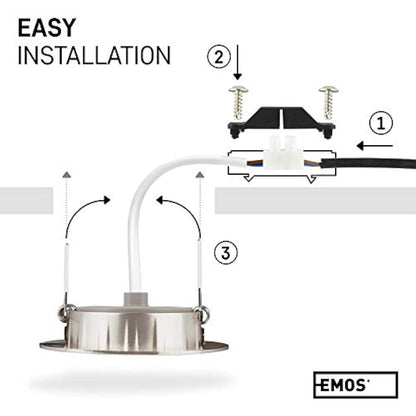 EMOS LED Spot Lights Ceiling Round 5W / 450lm, 6500K Cold White | 50° Tilt Swivel Recessed Ceiling Lights, Ultra Slim | Pack of 12 Recessed LED Downlights for Ceiling, Mains Powered, Brushed Silver