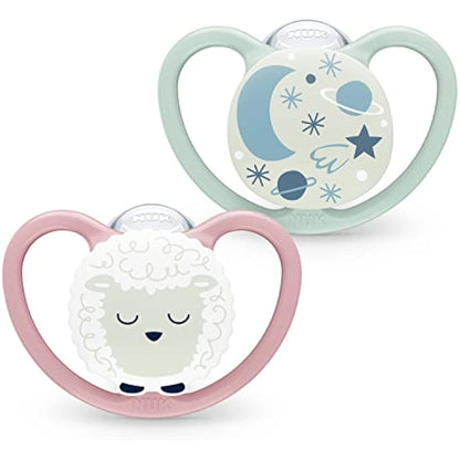 NUK Space Night Baby Dummy | 6-18 Months | Glow-in-The-Dark Soothers with Extra Ventilation for Sensitive Skin | BPA-Free Silicone | Sheep & Moon | 2 Count