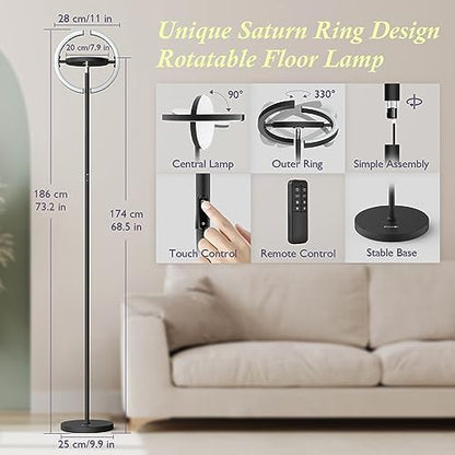 FIMEI Floor Lamp, Stepless Dimming & 3000K - 6000K Color Temperatures, Remote/Touch Independent Control, Eye-Protecting, Uplighter Floor Lamp for Living Room, Central Lamp Upward, Black