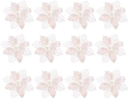 12pcs Glitter Poinsettia Christmas Artificial Flowers Christmas Tree Floral Ornaments Decorations Xmas Tree Pendant Christmas Wreath Filler (White)