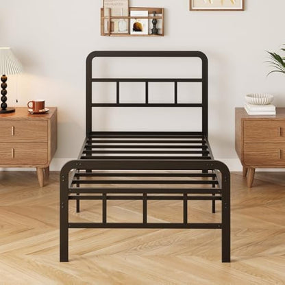 Yicensen Single Bed Frame with Curved Headboard and Footboard 90x190 cm, Black Single Platform Bed with Heavy Metal Slats for Stable Support, No Box Spring Needed, Noise Free, Easy Assembly