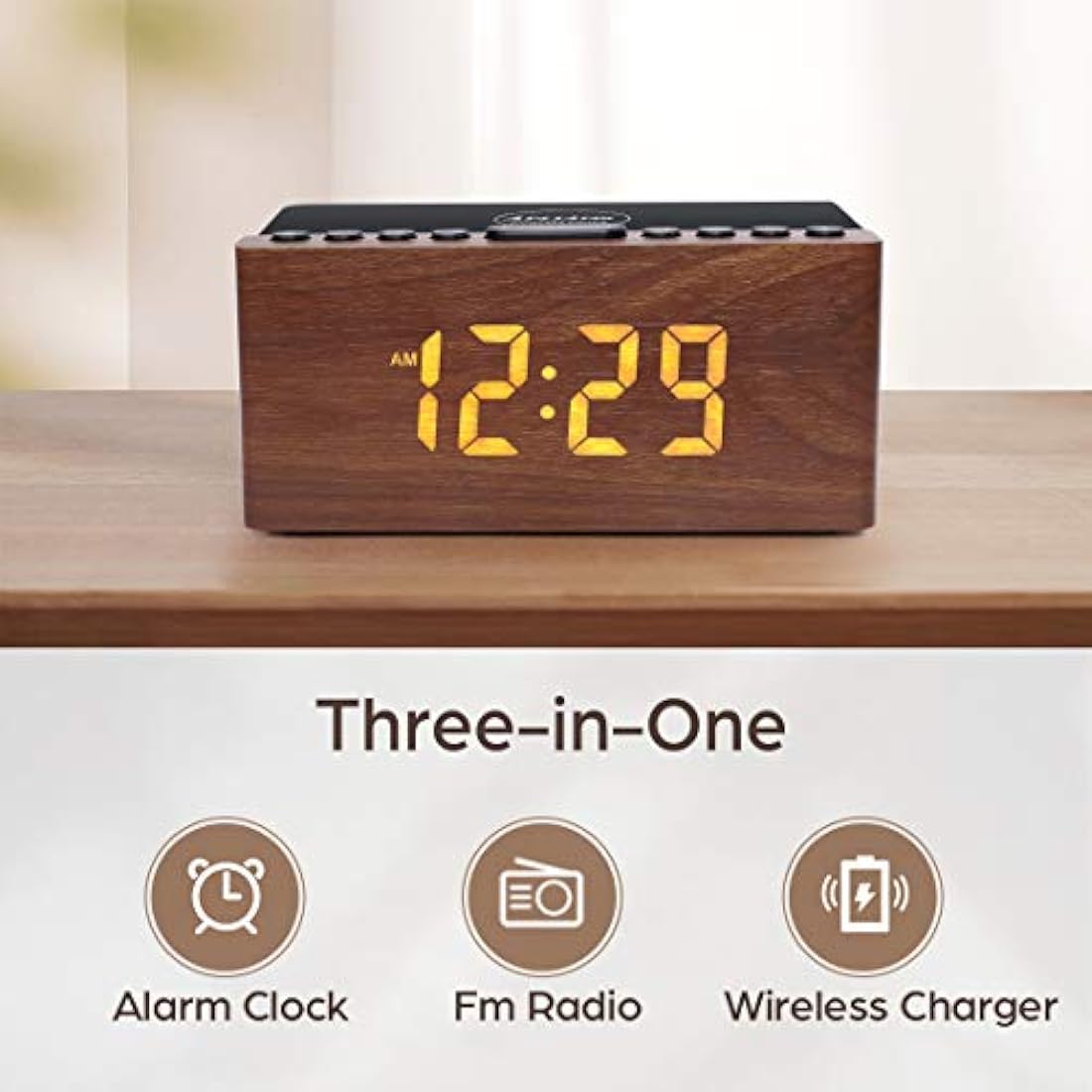 ANJANK Bedside Wooden FM Radio Alarm Clock,10W Super Fast Wireless Charger Station for Iphone/Samsung Galaxy,USB Charging Port, 5 Level Digital Dimmable Led Display,Mains Powered with Backup Battery