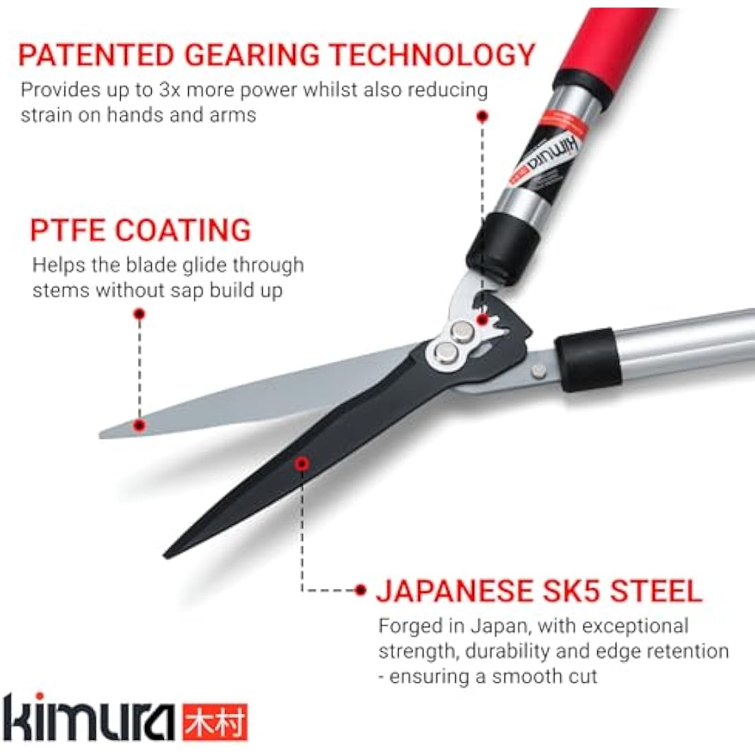 Kimura® Pro Telescopic Garden Shears - Premium Hedge Shears, Patented Gearing Technology, Lightweight Extendable Aluminium Handles, Japanese SK5 Steel Blades, Heavy Duty Gardening Shears - 630-820mm