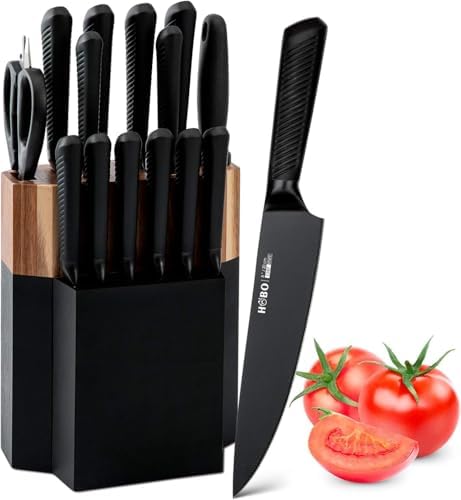 15 Piece Kitchen Knife Set High Carbon Stainless Steel with Wooden Block Ergonomic Sharp Knives for Kitchen
