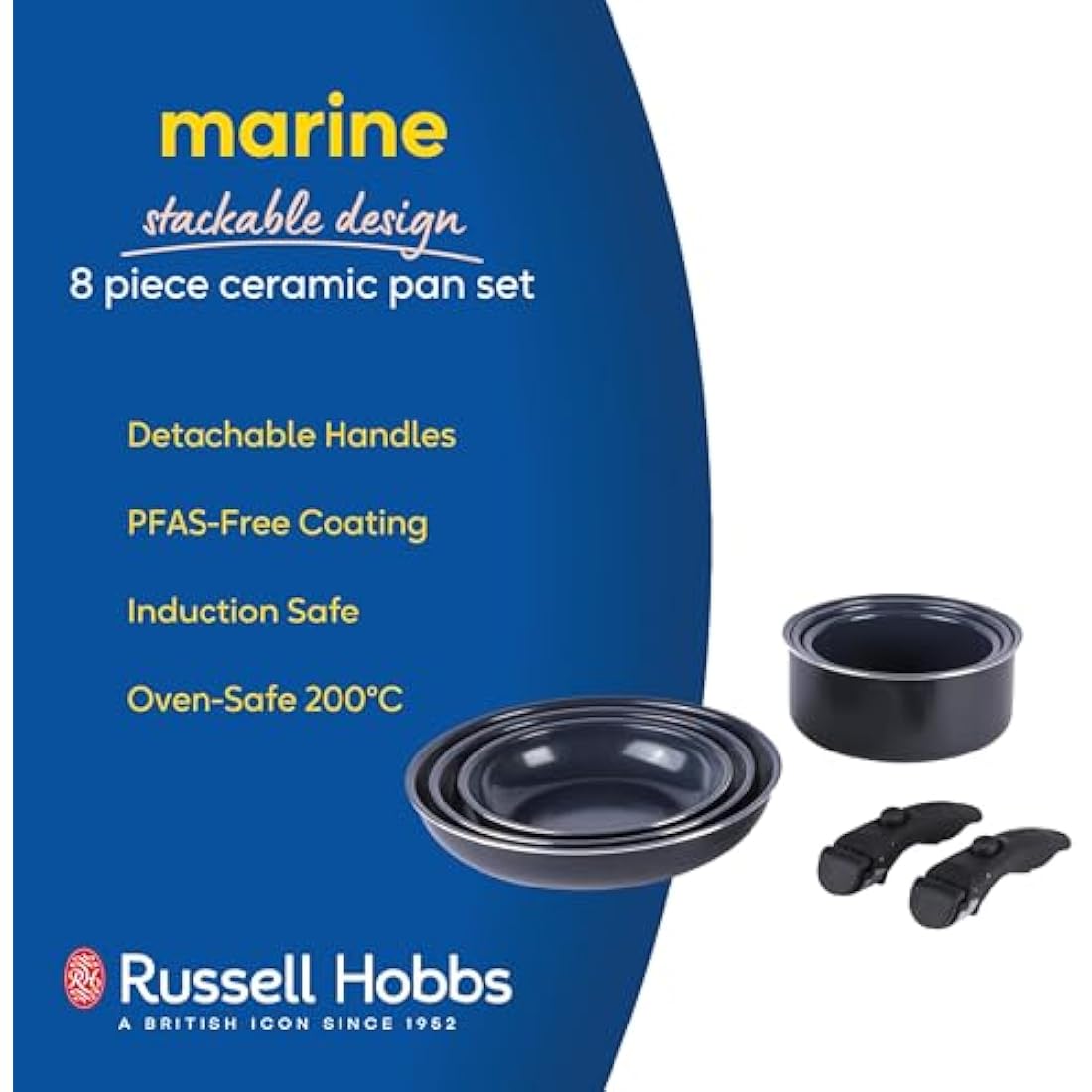 Russell Hobbs RH03321EU7 Smart Clip Pot and Pan Set – 8 Piece Ceramic Non-Stick Frying Pans & Saucepans with 2 Detachable Handles, Stackable Design, PFAS-Free, Induction Oven Safe, Marine, Navy Blue