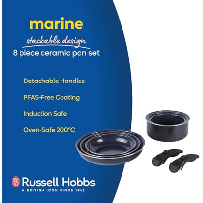 Russell Hobbs RH03321EU7 Smart Clip Pot and Pan Set – 8 Piece Ceramic Non-Stick Frying Pans & Saucepans with 2 Detachable Handles, Stackable Design, PFAS-Free, Induction Oven Safe, Marine, Navy Blue