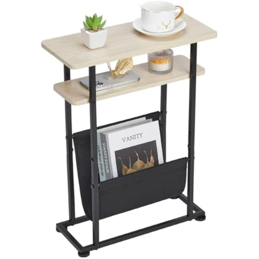 ZEXVIDA Small Side Table for Small Spaces - Slim End Table with Magazine Holder - 2 in 1 Narrow End Table Living Room - Skinny Bedside Table Nightstand Bedroom Thin Side Table (Oak)