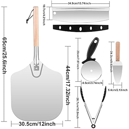 Sinbury Pizza Peel Tools Set, 5 PCS Pizza Making Tool Kit, Including 12 Inch Pizza Paddle, Rocker Cutter, Spatula, Cutter, Food Clip,