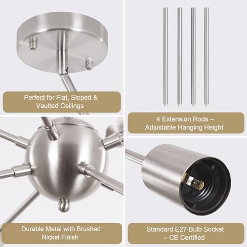 ASHUAQI Nickel Sputnik Ceiling Light, 8-Light Mid-Century Modern Chandelier, E27 Dimmable, 40 cm (L) x 16 cm (W) x 16 cm (H), Living Room, Dining Room, Bedroom, Hallway