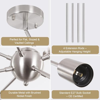 ASHUAQI Nickel Sputnik Ceiling Light, 8-Light Mid-Century Modern Chandelier, E27 Dimmable, 40 cm (L) x 16 cm (W) x 16 cm (H), Living Room, Dining Room, Bedroom, Hallway
