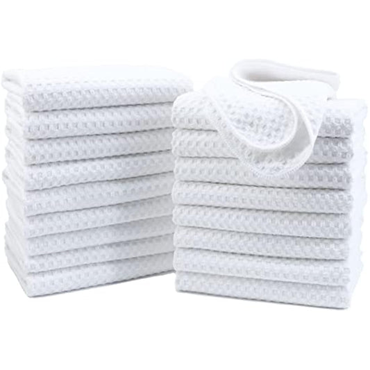 POLYTE Ultra Premium Microfibre Kitchen Dish Tea Towel Waffle Weave, 18 Pack (40x71 cm, White)