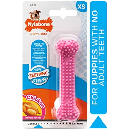 Nylabone Gentle Puppy Teething Dental Chew Toy Bone with Nubs & Ridges, Chicken Flavour, Pink, XS, for Puppies Up to 7 kg