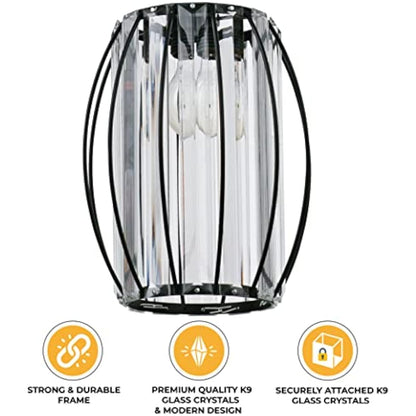 GIGGI Small Black Crystal Light Shade 16cm x 20cm, Cylinder Shape with Oval Rings, Lampshades for Ceiling Lights & Bedside Lamps, Lamp Shades for Bedroom, Living Room, Kitchen, Hallway