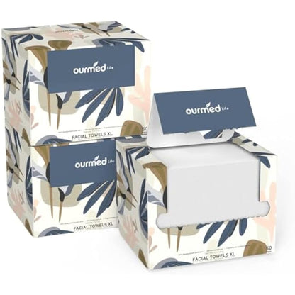 Ourmed Life Face Towels, Disposable Biodegradable Facial Towels for Sensitive Skin, Lint- Free Face Wipes for Washing Face, Skincare and Makeup Remover, Dry Wipes, 10"×12" Extra Large, 150 Count