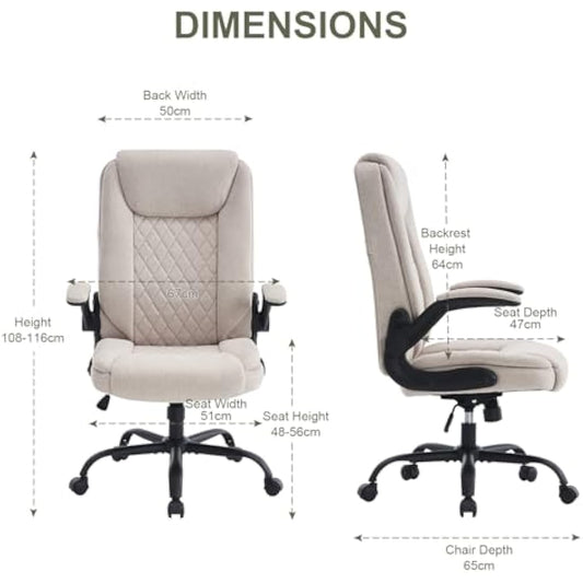 CASTLOVE Ergonomic Office Chair Computer Chair Executive Office Chair with Flip Up Armrest High Back Rocking Function Height Adjustable Comfortable Desk Chair for Home Office Fabric Cream