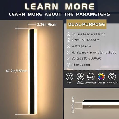 Mikeru 150CM Modern Wall Lights, 2pack Long Hard Wired Light 10% to 100% Dimmable Remote Control Outdoor Wall Lighting 3 Color 3000K/4500K/6000K 5300 Lumens Garden Fence Lights for Exterior Walls