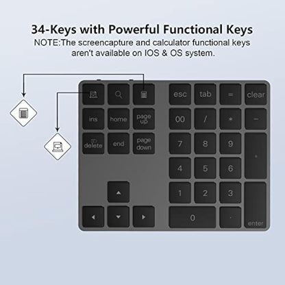 Yeemie Bluetooth Number Keypad Wireless Numeric Keypad - with 34-Keys, Portable Number Pad for All Laptop Desktop, Black